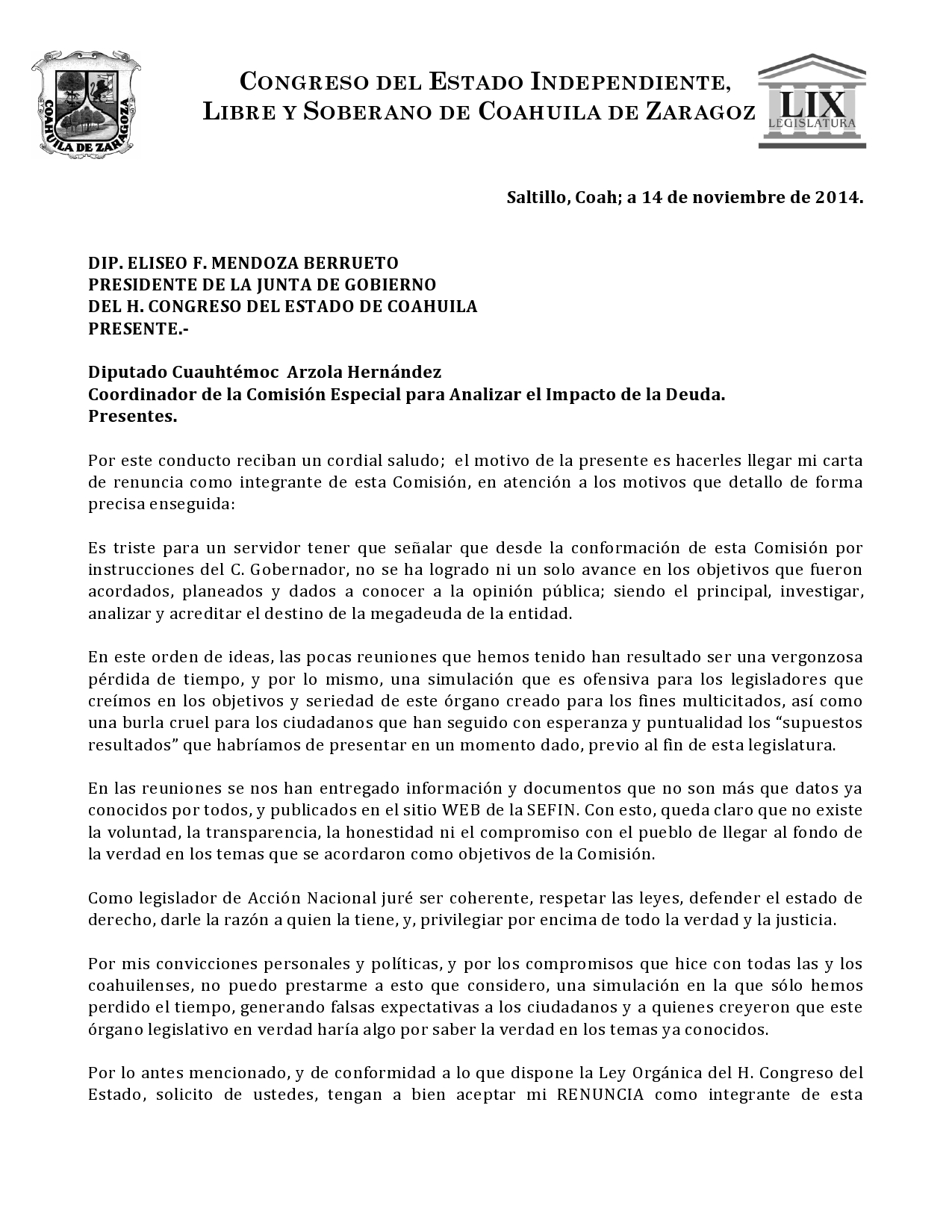 Ante la falta de resultados, presenté mi carta de renuncia a la Comisión de la Deuda #Coahuila